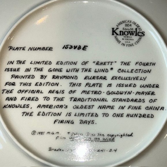 Knowles 1981 Gone With The Wind Rhett Plate Limited Edition Plate #15343E NIB - Picture 6 of 7